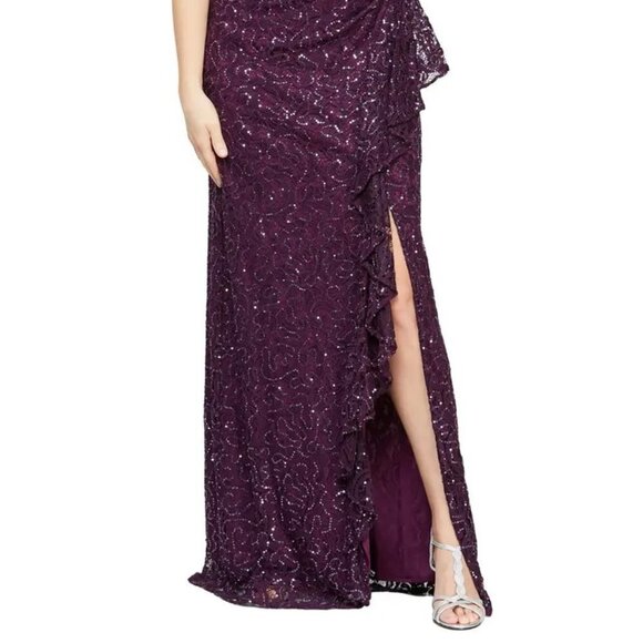 Alex Evenings Plum Sparkle Ruffle Sequin Lace Gown - Picture 2 of 4